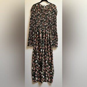 Vintage Expression Floral Chiffon Smock Maxi Dress Black Pink Size S